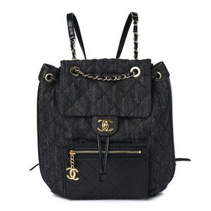 CHANEL Denim Calfskin Quilted Backpack Dark Grey Black